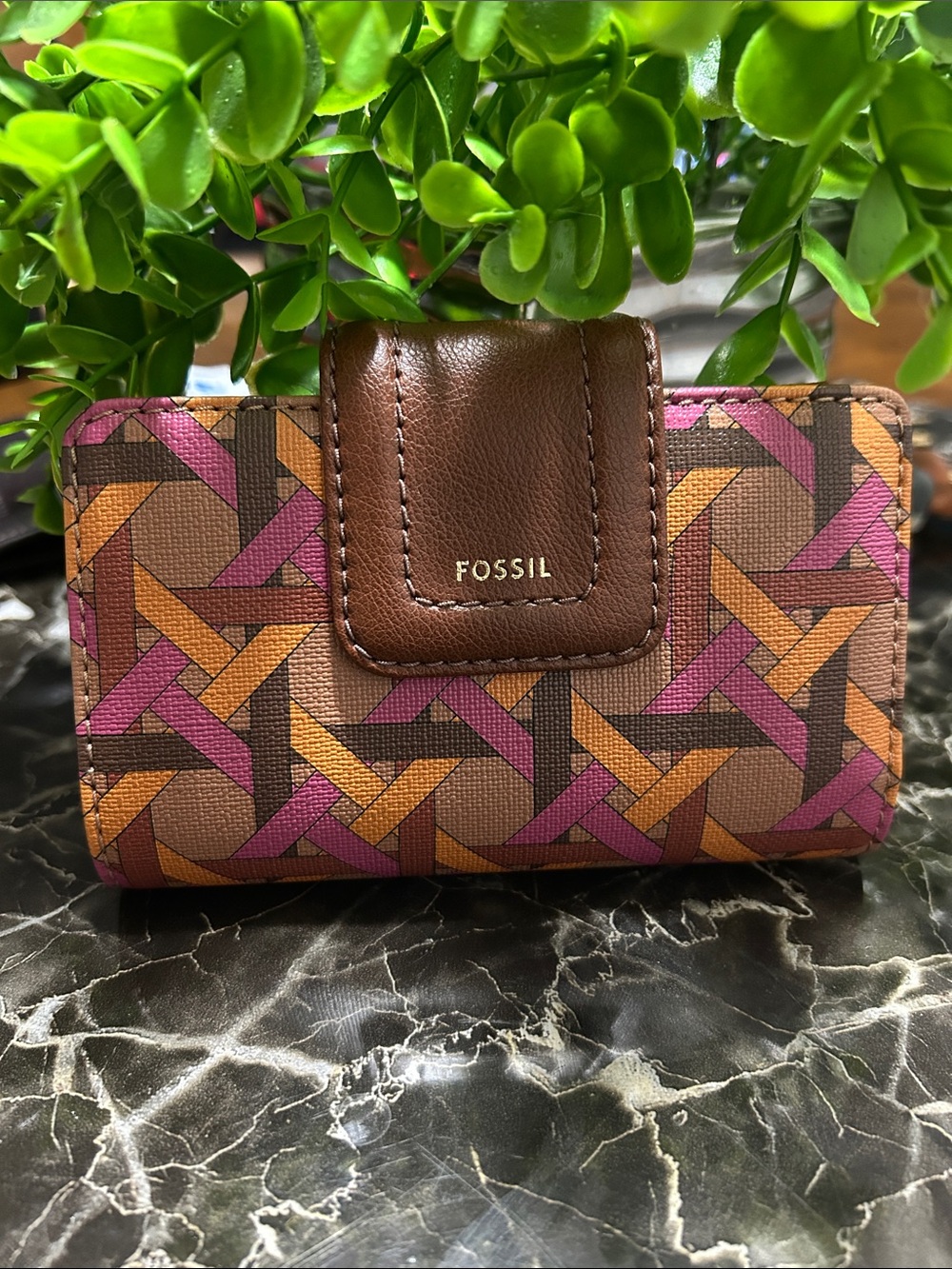 Fossil Brown Wallet with Pink & Orange Geometric Pattern